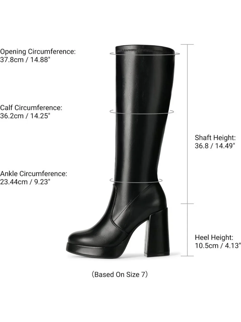 Women's Black Pu Chunky Platform Heel Round Toe Side Zipper Knee High Boots